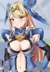 Rule 34 | 1girl, alternate costume, amayo thranana, armor, blonde hair, blurry, blurry background, blush, breasts, cleavage, cosplay, day, elbow gloves, fiora (xenoblade), fiora (xenoblade) (cosplay), gem, gloves, hair ornament, headpiece, highres, jewelry, large breasts, long hair, looking at viewer, mecha-fiora (speed cowling), mechanical arms, mechanical wings, mythra (xenoblade), navel, nintendo, sky, smile, solo, staring, tiara, tsundere, very long hair, wings, xenoblade chronicles (series), xenoblade chronicles 1, xenoblade chronicles 2, yellow eyes