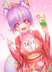 Rule 34 | 10s, 1girl, 2013, :d, blush, body writing, breasts, brush, chinese zodiac, cleavage, collarbone, drill hair, earrings, fangs, flower, hagoita, hair flower, hair ornament, highres, irudana, japanese clothes, jewelry, kimono, lamia, large breasts, looking at viewer, monster girl, new year, obi, open mouth, original, paddle, pointy ears, purple hair, sarashi, sash, slit pupils, smile, snake, snake (chinese zodiac), snake hair ornament, solo