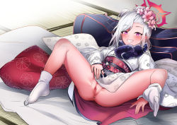 Rule 34 | 1girl, absurdres, bag, bear paw s, blue archive, blush, cushion, floral print, flower, grin, hair flower, hair ornament, halo, highres, japanese clothes, kimono, looking at viewer, lying, mutsuki (blue archive), mutsuki (new year) (blue archive), obi, on back, pink eyes, pink flower, pointy ears, pussy, sash, smile, solo, spread legs, tabi, uncensored, white hair, wide sleeves
