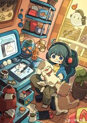 Rule 34 | 1girl, absurdres, ahoge, animal, artist name, artisul, barefoot, black hair, blue eyes, blue hoodie, book, bookshelf, brown dog, brown pants, chair, coffee mug, coffee pot, commentary, cup, dog, drawing tablet, electrical outlet, fishbowl, gaming chair, ghost, grin, headphones, highres, holding, holding animal, holding dog, hood, hood down, hoodie, indoors, monitor, mug, nintendo switch, pants, plant, potted plant, scenery, shimarisu yukichi, shirt, sitting, smile, solo, squirrel, stylus, swivel chair, window, yellow shirt