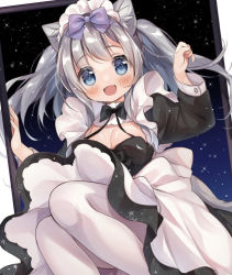 Rule 34 | 1girl, :d, animal ear fluff, animal ears, apron, black bow, black dress, blue eyes, blush, bow, breasts, cleavage, commentary request, dress, fang, feet out of frame, gau (n00 shi), hair bow, hands up, long hair, long sleeves, looking at viewer, maid, maid headdress, medium breasts, open mouth, original, pantyhose, picture frame, puffy long sleeves, puffy sleeves, purple bow, silver hair, sky, smile, solo, star (sky), starry sky, white apron, white pantyhose