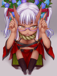 Rule 34 | 1girl, black thighhighs, breasts, chair, cleavage, dark-skinned female, dark skin, demon girl, flower, foreshortening, from above, full body, glasses, grey background, highres, horns, horns pose, loincloth, long hair, midriff, navel, original, pointy ears, simple background, sitting, skindentation, solo, thighhighs, twintails, white hair, yellow eyes, yuru