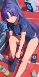 Rule 34 | 1girl, absurdres, bare legs, blue archive, blue buruma, blue eyes, blue shirt, bottle, buruma, closed mouth, commentary request, foot out of frame, gym uniform, highres, jaws (okdol0928), korean commentary, lanyard, long hair, looking at viewer, parted bangs, purple hair, putting on shoes, shirt, short sleeves, smile, solo, star sticker, sticker on face, yuuka (blue archive), yuuka (track) (blue archive)