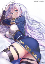 Rule 34 | 1girl, 86 -eightysix-, ahoge, ass, belt, blue eyes, blue jacket, blue skirt, blush, breasts, closed mouth, hand in own hair, hand on own head, hong (white spider), jacket, long hair, looking at viewer, lying, medium breasts, military, military rank insignia, military uniform, o-ring, o-ring belt, on side, panties, pantyshot, patreon username, ruffling hair, shirt, skindentation, skirt, solo, thigh strap, thighhighs, thighs, underwear, uniform, vladilena millize, white hair, white panties, white shirt, white thighhighs