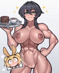 Rule 34 | 2girls, abs, absurdres, animal ears, biceps, black hair, blonde hair, blush, breasts, chibi, cleft of venus, coffee, collarbone, commission, completely nude, doughnut, fake animal ears, food, green eyes, hair between eyes, hand on own hip, heart, heart-shaped pupils, highres, holding, holding plate, large breasts, leotard, multiple girls, muscular, muscular female, navel, nipples, nude, original, plate, playboy bunny, pussy, rabbit ears, roadi3, short hair with long locks, smile, solo focus, sparkle, symbol-shaped pupils, thick thighs, thighs