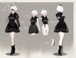 Rule 34 | 1girl, adapted costume, android, arms at sides, artist name, back, black dress, black footwear, black ribbon, blindfold, boots, breasts, character name, closed mouth, commentary, copyright name, covered eyes, covered navel, dress, from behind, full body, hair over one eye, hanbok, high heel boots, high heels, highleg, highleg leotard, holding, holding sword, holding weapon, joints, katana, korean clothes, leotard, lips, long sleeves, mechanical parts, mole, mole under mouth, multiple views, nier (series), nier:automata, no pants, pink lips, print dress, reagan, ribbon, robot joints, sash, short hair, standing, sword, weapon, white hair, white leotard, 2b (nier:automata)