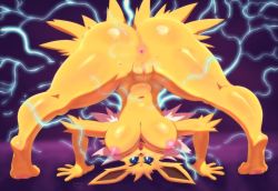 Rule 34 | animal ears, anus, ass, blue eyes, breasts, creatures (company), electricity, furry, furry female, game freak, gen 1 pokemon, jolteon, large breasts, looking at viewer, looking back, navel, nintendo, orangepeel, pokemon, pussy, top-down bottom-up, upside-down, white fur, yellow fur