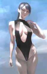 Rule 34 | bare shoulders, black hair, center opening, character request, cloud, day, half-closed eyes, one-piece swimsuit, sgk, sky, solo, swimsuit