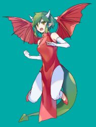 Rule 34 | 1girl, blue background, clenched hand, draco centauros, dragon girl, dragon horns, dragon tail, dragon wings, dress, flying, gloves, green hair, highres, horns, kashima miyako, open mouth, pants, pointy ears, puyopuyo, red dress, red footwear, red wings, short hair, side slit, simple background, solo, tail, teeth, upper teeth only, white gloves, white horns, white pants, wings, yellow eyes