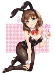 Rule 34 | 1girl, animal ears, black leotard, black pantyhose, blue eyes, bow, bowtie, brown hair, commentary request, detached collar, earrings, fake animal ears, fishnet pantyhose, fishnets, heart, heart earrings, high heels, highres, idolmaster, idolmaster cinderella girls, jewelry, kneeling, leotard, long hair, looking at viewer, multicolored background, pantyhose, paopao, plaid, plaid background, playboy bunny, rabbit ears, rabbit girl, rabbit tail, red bow, red bowtie, sakuma mayu, shoes, solo, strapless, strapless leotard, tail, white background, wrist cuffs