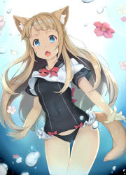Rule 34 | 1girl, 3.14, air bubble, animal ears, blonde hair, blouse, blue eyes, blurry, blush, bubble, cat ears, collarbone, covered navel, cowboy shot, depth of field, facial mark, fang, frilled swimsuit, frills, gluteal fold, highres, long hair, one-piece swimsuit, open mouth, original, sailor collar, school swimsuit, school uniform, serafuku, shirt, short sleeves, sidelocks, solo, swimsuit, swimsuit under clothes, tail, tareme, thigh gap, underwater, whisker markings, white shirt