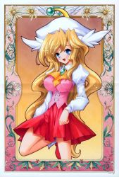 Rule 34 | 00s, 1girl, blonde hair, blue eyes, blush, breasts, gem, hat, head wings, laine, large breasts, long hair, long sleeves, looking at viewer, miniskirt, open mouth, puffy sleeves, red footwear, red skirt, school uniform, shoes, skirt, smile, solo, standing, standing on one leg, ufo princess valkyrie, very long hair, wings