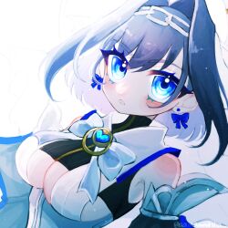 Rule 34 | 1girl, aorin oekaki, blue bow, blue cape, blue eyes, blue hair, blue ribbon, blush, bow, bow earrings, breasts, cape, chain, chain headband, cleavage cutout, clothing cutout, detached sleeves, earrings, hair intakes, halo, head chain, highres, hololive, hololive english, jewelry, large breasts, looking at viewer, mechanical halo, ouro kronii, ouro kronii (1st costume), ribbon, shirt, short hair, simple background, sleeveless, sleeveless shirt, solo, twitter username, underboob, underboob cutout, veil, virtual youtuber, white background