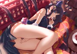 Rule 34 | 1girl, between legs, blue eyes, china dress, chinese clothes, commentary request, couch, dress, eating, fate/grand order, fate (series), hair ornament, hand between legs, highres, instrument, leaf hair ornament, long hair, lychee, lying, on side, purple hair, solo, thighs, tsuuhan, very long hair, yang guifei (fate), yang guifei (second ascension) (fate)