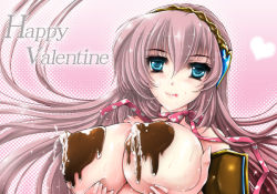 Rule 34 | 1girl, aqua eyes, blush, breast hold, breast lift, breasts, chocolate, happy valentine, lactation, large breasts, long hair, megurine luka, riria, saliva, solo, tongue, topless, valentine, vocaloid