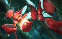 Rule 34 | absurdres, battle, commentary request, creatures (company), falling leaves, forest, game freak, gen 2 pokemon, highres, horns pose, leaf, moon, nature, night, nintendo, no humans, outdoors, pokemon, pokemon (creature), scizor, teikuu hikou, tree, yellow eyes