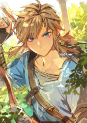 Rule 34 | 1boy, arrow (projectile), artist name, blonde hair, blue eyes, bow, chest belt, day, ear piercing, earrings, fingerless gloves, forest, gauntlets, gloves, jewelry, kadeart, leaf, link, long hair, looking at viewer, male focus, nature, nintendo, outdoors, piercing, pointy ears, shirt, short sleeves, signature, solo, spiked hair, the legend of zelda, the legend of zelda: breath of the wild, upper body