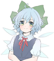 Rule 34 | 1girl, absurdres, ahoge, blue dress, blue eyes, blue hair, blush, bow, cirno, closed mouth, collared shirt, crossed arms, dress, green bow, hair between eyes, hair bow, highres, ice, ice wings, kuromame (8gou), looking at viewer, neck ribbon, pinafore dress, puffy short sleeves, puffy sleeves, red ribbon, ribbon, shirt, short hair, short sleeves, simple background, sleeveless dress, smile, solo, touhou, upper body, wavy hair, white background, white shirt, wings