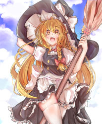 Rule 34 | 1girl, absurdres, artist request, blonde hair, blue sky, blush, bow, bowtie, braid, broom, cloud, dress, fang, flower, hat, hat bow, heart, highres, holding, kirisame marisa, large hat, long hair, looking at viewer, looking down, open mouth, outdoors, panties, puffy sleeves, sky, star-shaped pupils, star (symbol), symbol-shaped pupils, thighhighs, tongue, touhou, underwear, witch hat, yellow eyes