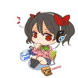 Rule 34 | 10s, 1girl, 2014, black hair, bow, brand name imitation, caloriemate, cardigan, cellphone, chibi, dated, eating, hair bow, headphones, image sample, koss, love live!, love live! school idol project, milk carton, mota, phone, red eyes, school uniform, short hair, simple background, sitting, solo, twintails, white background, yazawa nico