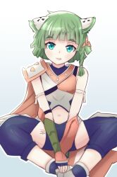 Rule 34 | 1other, animal ears, aqua eyes, braid, cat ears, clothing cutout, daenu, fingerless gloves, gloves, gradient background, green eyes, green hair, highres, indian style, juniper (xenoblade), leg tattoo, looking at viewer, navel, navel cutout, other focus, short hair, side braid, single bare shoulder, sitting, solo, tattoo, xenoblade chronicles (series), xenoblade chronicles 3