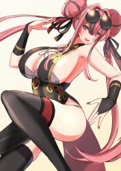 Rule 34 | 1girl, :d, absurdres, armpits, azur lane, bare shoulders, black dress, black nails, black thighhighs, bra, bra peek, braid, braided bun, breasts, bremerton (azur lane), bremerton (kung fu cruiser) (azur lane), bridal gauntlets, brown bra, china dress, chinese clothes, cleavage, commentary, double bun, dress, eyewear on head, grey hair, hair between eyes, hair bun, hair intakes, hair ornament, hair ribbon, hand up, highres, large breasts, light blush, long hair, looking at viewer, multicolored hair, namazake, no mole, official alternate costume, open mouth, pelvic curtain, pink eyes, pink hair, ribbon, round eyewear, sidelocks, simple background, skindentation, sleeveless, sleeveless dress, smile, solo, standing, standing on one leg, strapless, strapless bra, streaked hair, teeth, thighhighs, tinted eyewear, two-tone hair, underwear, upper teeth only, white background