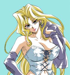 Rule 34 | 1girl, aqua eyes, bare shoulders, blonde hair, breasts, chorogi, cleavage, closed mouth, collarbone, corset, cross-laced clothes, detached sleeves, earrings, eyebrows hidden by hair, eyes visible through hair, eyeshadow, head tilt, holding, holding clothes, holding jacket, hoop earrings, jacket, unworn jacket, jewelry, kujaku mai, large breasts, lips, long hair, looking at viewer, makeup, naughty face, navel, neck, orange eyeshadow, parted bangs, pink lips, purple detached sleeves, purple eyes, purple jacket, simple background, smile, solo, strapless, upper body, very long hair, wavy hair, white corset, yu-gi-oh!, yu-gi-oh! duel monsters