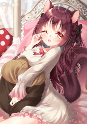 Rule 34 | 1girl, animal ears, bed, black bow, blush, bow, breasts, brown eyes, brown hair, collarbone, commentary request, dress, fingernails, frilled dress, frilled pillow, frills, hair bow, highres, indoors, long hair, long sleeves, looking at viewer, lying, medium breasts, mirai (happy-floral), on back, on bed, one eye closed, open mouth, original, pillow, red bow, rubbing eyes, solo, squirrel ears, squirrel girl, squirrel tail, stuffed toy, tail, teeth, upper teeth only, very long hair, waking up, white dress