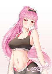 Rule 34 | 1girl, absurdres, alternate hairstyle, blush, breasts, highres, hololive, hololive english, long hair, looking at viewer, midriff, mori calliope, pink hair, ponytail, red eyes, simple background, smile, solo, sports bra, sportswear, tiara, very long hair, virtual youtuber, white background, yoru flush