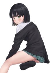 Rule 34 | 1girl, black footwear, black hair, blush, closed mouth, green eyes, highres, looking at viewer, looking to the side, mikazuchi zeus, original, plaid, plaid skirt, pleated skirt, short hair, simple background, sitting, skirt, soles, solo, thighs, white background, yokozuwari