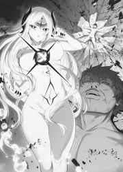 Rule 34 | 1boy, 1girl, breasts, convenient censoring, greyscale, hair censor, hair over crotch, highres, horns, large breasts, long hair, lying, m-da s-tarou, monochrome, nail polish, navel, nude, on back, standing, tanaka the wizard