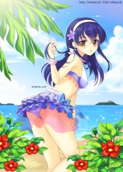 Rule 34 | 1girl, bad id, bad pixiv id, beach, bikini, bikini skirt, blue bikini, blue hair, blue ribbon, blush, bracelet, cloud, commentary request, day, flower, frilled bikini, frilled bikini top, frilled swimsuit, frills, from behind, gradient clothes, hair between eyes, hair flower, hair ornament, twirling hair, hairband, hibiscus, jewelry, long hair, looking at viewer, love live!, love live! school idol project, natsuiro egao de 1 2 jump!, necklace, ocean, open mouth, outdoors, ribbon, see-through, sky, solo, sonoda umi, swimsuit, trianon, twitter username, water, yellow eyes