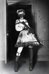 Rule 34 | 1girl, absurdres, asymmetrical legwear, bare shoulders, blood, blood on clothes, bloody clothes, bloody dress, choker, clothing cutout, commentary, door, dress, english commentary, frilled dress, frills, gloves, gun, heart cutout, highres, holding, holding gun, holding weapon, indoors, kneehighs, laser, laser pointer projection, looking at viewer, marvin (omarvin), mask, mole, mole under eye, mouth mask, o-ring, o-ring choker, off-shoulder dress, off shoulder, open door, original, over-kneehighs, shoes, short hair, socks, solo, standing, thighhighs, weapon, weapon request