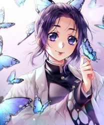 Rule 34 | 1girl, artist name, blurry, bokeh, bug, butterfly, butterfly hair ornament, clip studio paint (medium), closed mouth, commentary, depth of field, english commentary, english text, eyebrows, eyelashes, forehead, hair ornament, hand up, highres, insect, kimetsu no yaiba, kira yukishiro, kochou shinobu, light particles, light rays, lips, long sleeves, looking at viewer, pixiv id, purple eyes, purple hair, rainbow gradient, shaded face, short hair, sidelocks, smile, solo, twitter username, upper body, wide sleeves