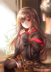 Rule 34 | 1girl, brown hair, chiroyo, commission, day, japanese clothes, kimono, long hair, looking at viewer, original, red eyes, sitting, solo, thighhighs, watermark, wind