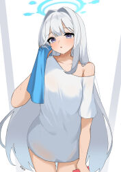 Rule 34 | 1girl, alternate costume, bcag., blue archive, blue halo, blush, breasts, collarbone, cowboy shot, grey hair, halo, highres, holding, holding towel, long hair, miyako (blue archive), parted lips, purple eyes, shirt, short sleeves, small breasts, solo, sweat, towel, white shirt