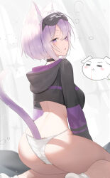 Rule 34 | 1girl, absurdres, ahoge, animal ear fluff, animal ears, ass, blood, blush, breasts, cat ears, cat girl, cat tail, collar, cropped jacket, fang, hair between eyes, highres, hololive, hood, hooded jacket, jacket, large breasts, long sleeves, looking at viewer, nekomata okayu, nekomata okayu (1st costume), nosebleed, parted lips, purple eyes, purple hair, revision, short hair, skin fang, sleep mask, socks, solo, speech bubble, squeans, tail, thighs, three twosix, virtual youtuber, waking up