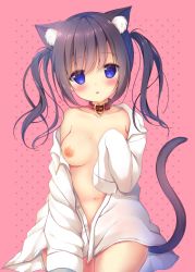 Rule 34 | 1girl, animal ears, black hair, blue eyes, blush, breasts, cat ears, collar, cowboy shot, head tilt, long hair, long sleeves, looking at viewer, medium breasts, naked shirt, navel, nipples, no bra, open clothes, open mouth, original, oversized clothes, pink background, shibainu niki, shirt, sidelocks, sleeves past wrists, solo, standing, tail, twintails, white shirt