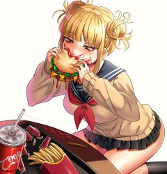 Rule 34 | 1girl, bags under eyes, black skirt, black socks, blonde hair, blunt bangs, boku no hero academia, burger, cardigan, coca-cola, commentary, cup, dated, disposable cup, double bun, drinking straw, eating, food, food on face, french fries, hair bun, highres, holding, holding food, ketchup, kneehighs, kneeling, long sleeves, looking at food, messy, messy hair, miniskirt, narrowed eyes, neckerchief, nicomamu, red neckerchief, sailor collar, school uniform, serafuku, short hair, signature, skirt, socks, solo, spanish commentary, table, toga himiko, tray, white background, yellow cardigan, yellow eyes