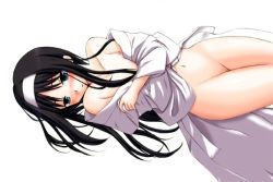 Rule 34 | 00s, 1girl, ayase toworu, bare shoulders, black hair, blue eyes, blush, bottomless, breasts, censored, convenient censoring, flat chest, hair over breasts, hairband, long hair, lying, navel, nipples, no bra, off shoulder, on back, open clothes, open robe, robe, simple background, solo, tohno akiha, tsukihime, white background