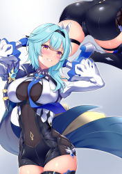 Rule 34 | arms up, ass, ass focus, ayase-mio, bent over, blue hair, bodysuit, breasts, cameltoe, eula (genshin impact), genshin impact, hairband, highres, large breasts, leaning forward, looking at viewer, multiple views, skin tight, smile, thick thighs, thigh strap, thighhighs, thighs, yellow eyes