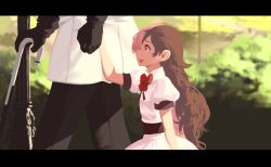 Rule 34 | 1boy, 1girl, aged down, bow, brown hair, bush, cane, dishwasher1910, dress, gloves, happy, lamppost, letterboxed, multicolored hair, neo politan, pink hair, red bow, roman torchwick, rwby, two-tone hair, white dress