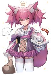 Rule 34 | ..., 1girl, animal ear fluff, animal ears, arknights, closed mouth, collared shirt, commentary request, dress, highres, holding, horn/wood, long sleeves, looking at viewer, pink hair, purple dress, red eyes, shamare (arknights), shirt, simple background, solo, spoken ellipsis, tail, thighhighs, twintails, white background, white shirt, white thighhighs