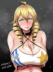 Rule 34 | 1girl, ahoge, azur lane, bare shoulders, blonde hair, blue eyes, blush, breast hold, breasts, chicago (azur lane), choker, cleavage, drill hair, earrings, female focus, gloves, huge breasts, jewelry, lips, long hair, looking at viewer, shibusun, solo, standing, tank top, thick lips, upper body
