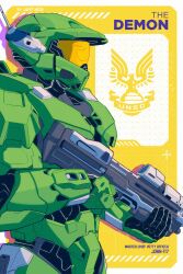 Rule 34 | 1boy, armor, artist name, character name, commentary, emblem, english commentary, full armor, gun, halo (series), halo infinite, helmet, highres, holding, holding gun, holding weapon, jafet meza, male focus, master chief, solo, upper body, weapon