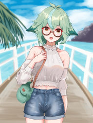 Rule 34 | 1girl, :d, absurdres, alternate costume, animal ears, artist name, bastian (user gkhv5557), blurry, brown eyes, casual, commentary, contemporary, depth of field, detached sleeves, dog ears, english commentary, genshin impact, glasses, green hair, hair between eyes, highres, long hair, looking at viewer, multicolored hair, navel, open mouth, semi-rimless eyewear, shorts, sidelocks, smile, solo, streaked hair, sucrose (genshin impact), watermark