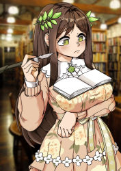 Rule 34 | 1girl, absurdres, arm under breasts, black survival, blush, book, bookshelf, breast rest, breasts, brown hair, dress, eternal return: black survival, fey (whitepaper), floral print, green eyes, gweon sua, hair ornament, highres, large breasts, leaf hair ornament, library, long hair, pen, quill, solo, upper body, yellow dress