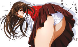 Rule 34 | 00s, 10s, 1girl, :o, ass, bent over, black hair, blunt bangs, blush, brown eyes, brown hair, character name, cowboy shot, floating hair, from behind, highres, ikkitousen, ikkitousen xtreme xecutor, long hair, long sleeves, looking at viewer, looking back, official art, open mouth, orange eyes, panties, pantyshot, pleated skirt, rin-sin, scan, school uniform, shadow, shirt, skirt, solo, ten&#039;i (ikkitousen), thighs, underwear, vest, white background, white panties