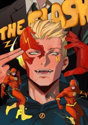 Rule 34 | 1boy, animification, barry allen, black hoodie, blonde hair, blue eyes, bodysuit, boots, character name, dc comics, doufujintianxianle, highres, hood, hood down, hoodie, large pectorals, male focus, mask, muscular, muscular male, open mouth, pectorals, red bodysuit, short hair, smile, superhero costume, the flash, the flash (series)
