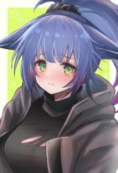 Rule 34 | 1girl, 3 (sanyako1), animal ears, arknights, black sweater, blue hair, blush, closed mouth, female focus, green background, green eyes, grey jacket, highres, jacket, jessica (arknights), looking at viewer, multicolored hair, ponytail, purple hair, sad, short hair, solo, star (symbol), starry background, sweater, tears, torn clothes, turtleneck, turtleneck sweater, two-tone background, two-tone hair, upper body, white background